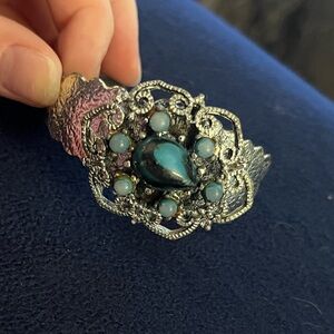 Vintage Turquoise Stone Filigree Cuff Bracelet - Silver Tone